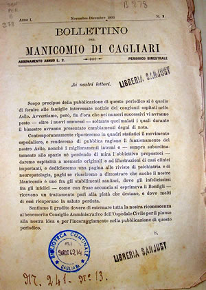 Bollettino del manicomio. Comune di Cagliari, Archivio Storico,  Biblioteca Studi Sardi